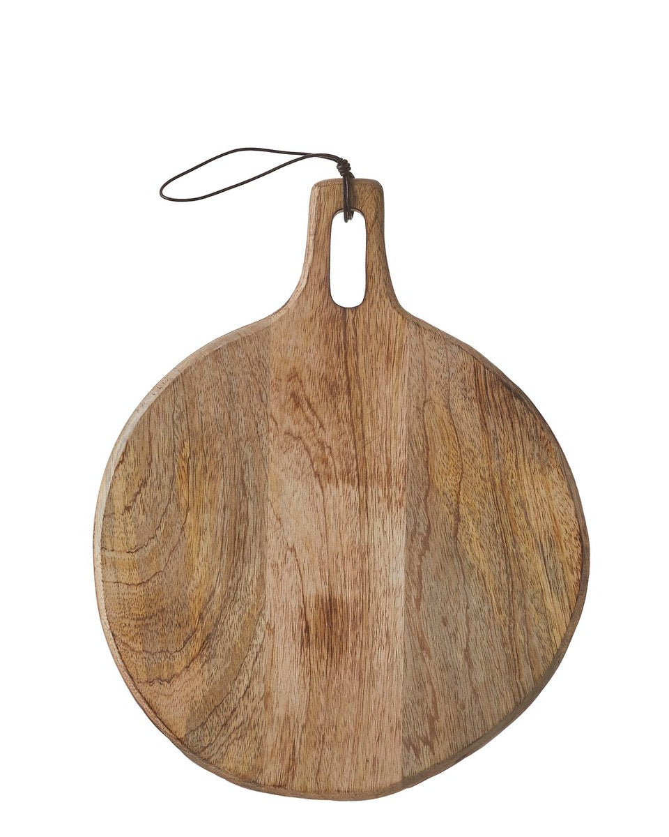Ronde mangohouten serveerplank met handvat en leren ophangkoord