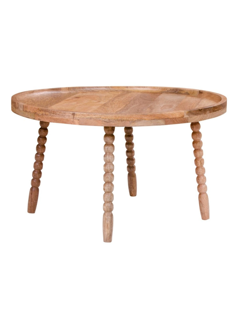 Ronde mangohouten salontafel Jammu met gedraaide poten op witte achtergrond