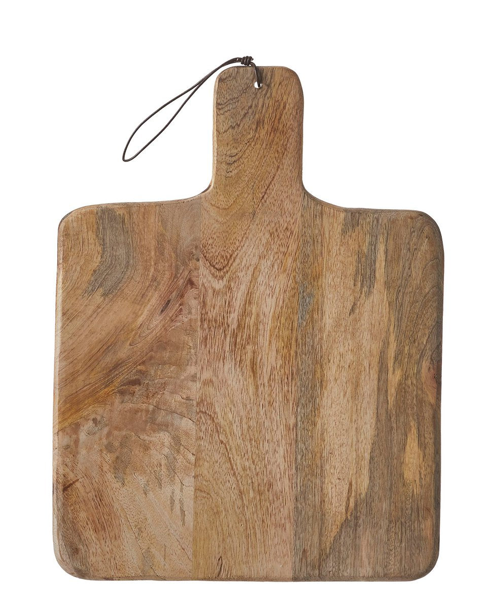 Vierkante mangohouten serveerplank met handvat en ophangtouwtje.