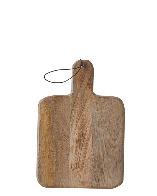 Vierkante mangohouten serveerplank met handvat en leren koordje.