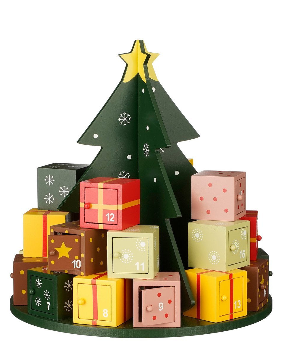 Meerkleurig MDF adventkalender met 24 vakjes, perfect als creatief kerstcadeau. Je kunt zelf de vakjes vullen.