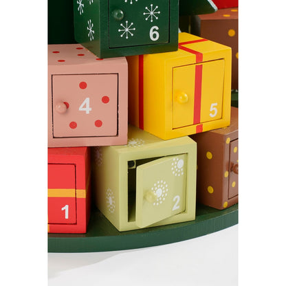 Meerkleurig MDF adventkalender met 24 vakjes in closeup detail. 