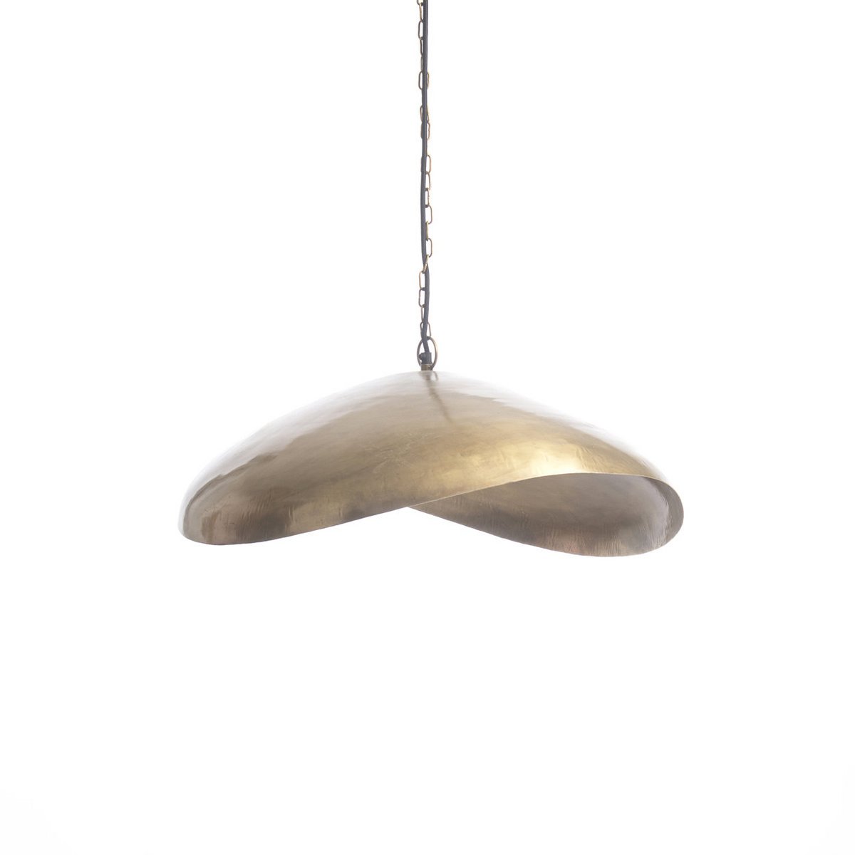Goudkleurige hanglamp van ijzer met glanzende messing afwerking en organische vorm. Een opvallend designstuk dat warmte en elegantie toevoegt aan elke ruimte, perfect als blikvanger boven de eettafel of in de woonkamer.