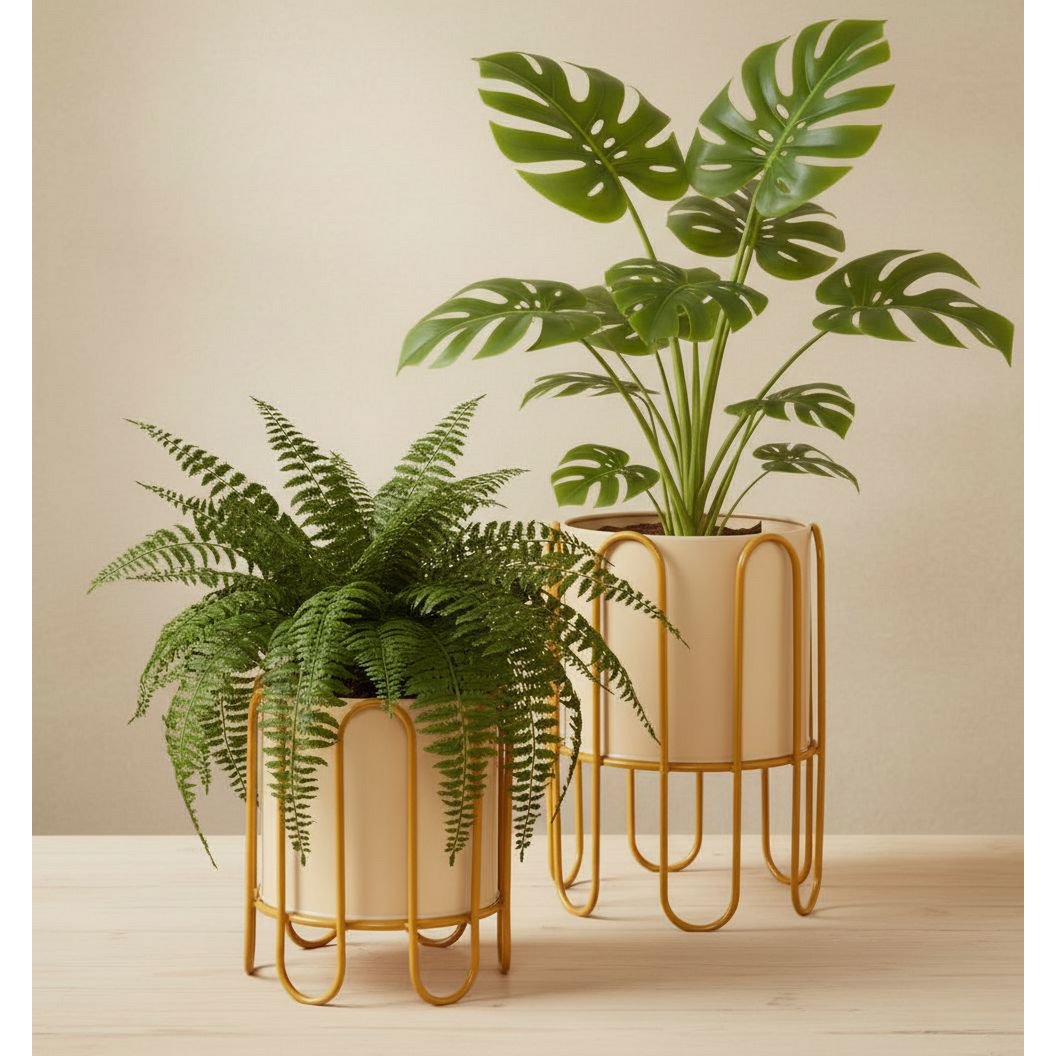 Metalen bloempot op standaard bruin set van 2 Dione naast elkaar in een warm interieur met groene planten 
