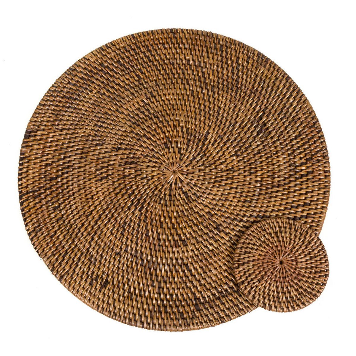 Onderzetter rotan bruin rond 11 cm samen met een grote placemat  in dezelfde kleur