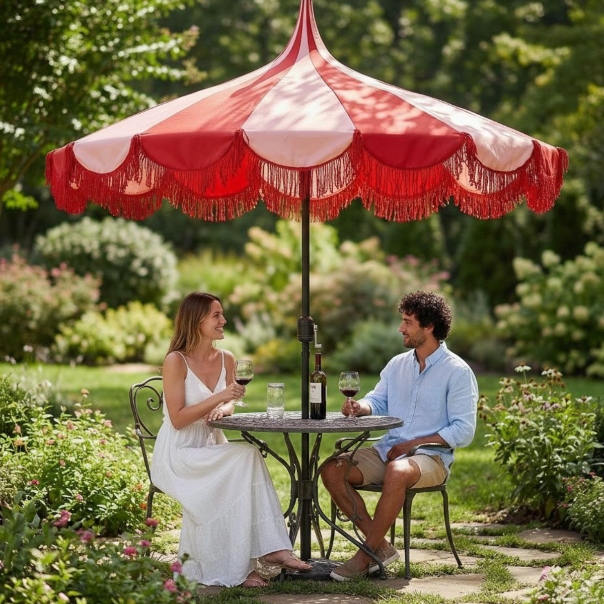 Parasol rood gestreept met franjes 235 cm Kim boven een bistro tuin set, een koppel zit aan het tafeltje onder de parasol wijn te drinken