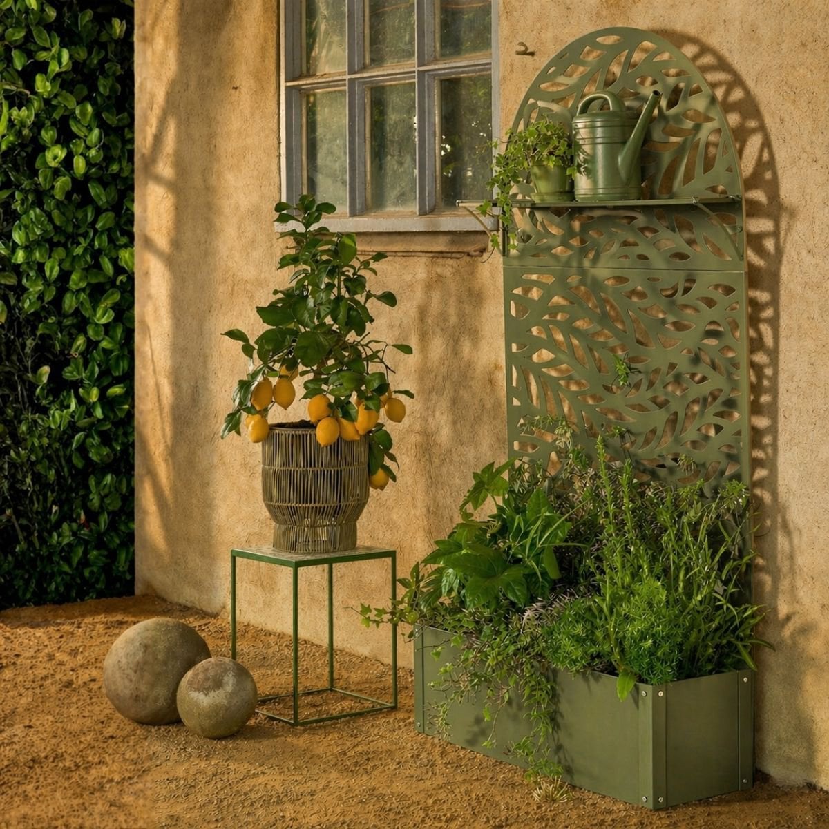 Plantenbak met klimrek groen metaal 180 cm Sapri in een knusse tuin met planten, omringt door andere verschillende potten en bloemen