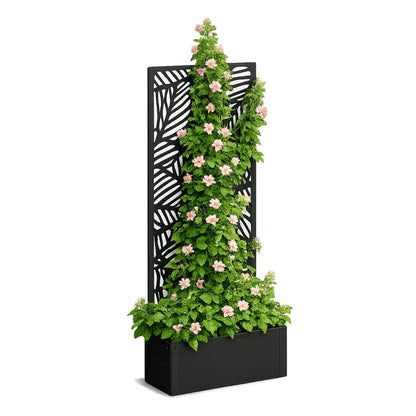Plantenbak met klimrek zwart metaal 118 cm Sapri, met daarin een grote groene klimplant met roze bloemen