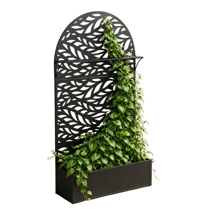 Plantenbak met klimrek zwart metaal 180 cm Sapri met bladerenmotief, hier met planten erin