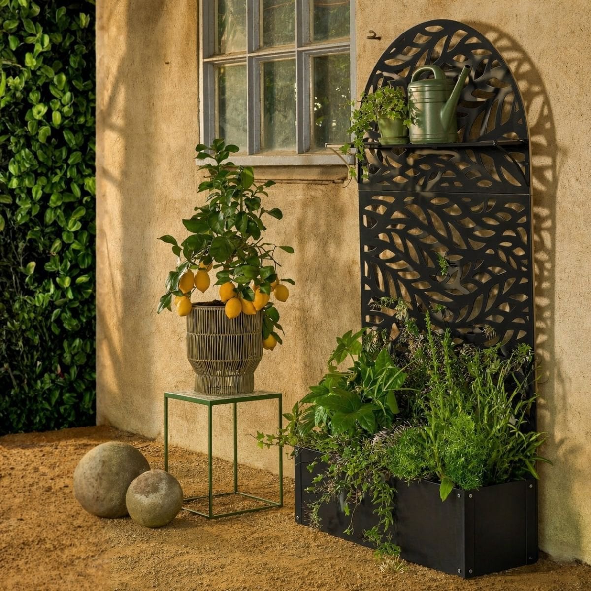 Plantenbak met klimrek zwart metaal 180 cm Sapri met bladerenmotief, in een knusse tuin met meerdere planten en plantenbakken