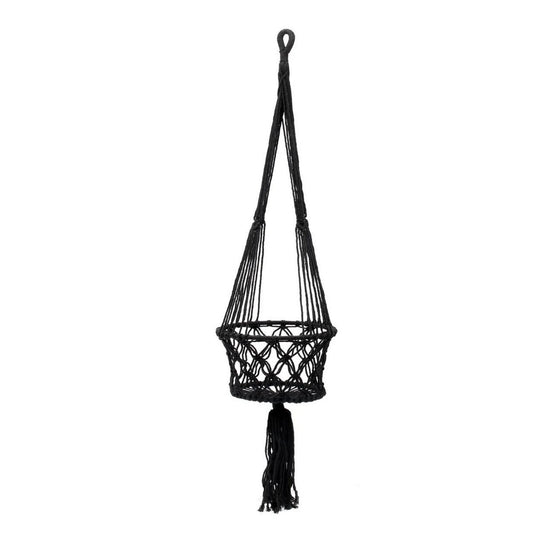 Plantenhanger macramé katoen zwart 110 cm met franjes aan de onderkant op wit achtergrond