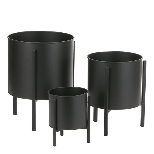Plantenstandaard met pot in zwart set van 3