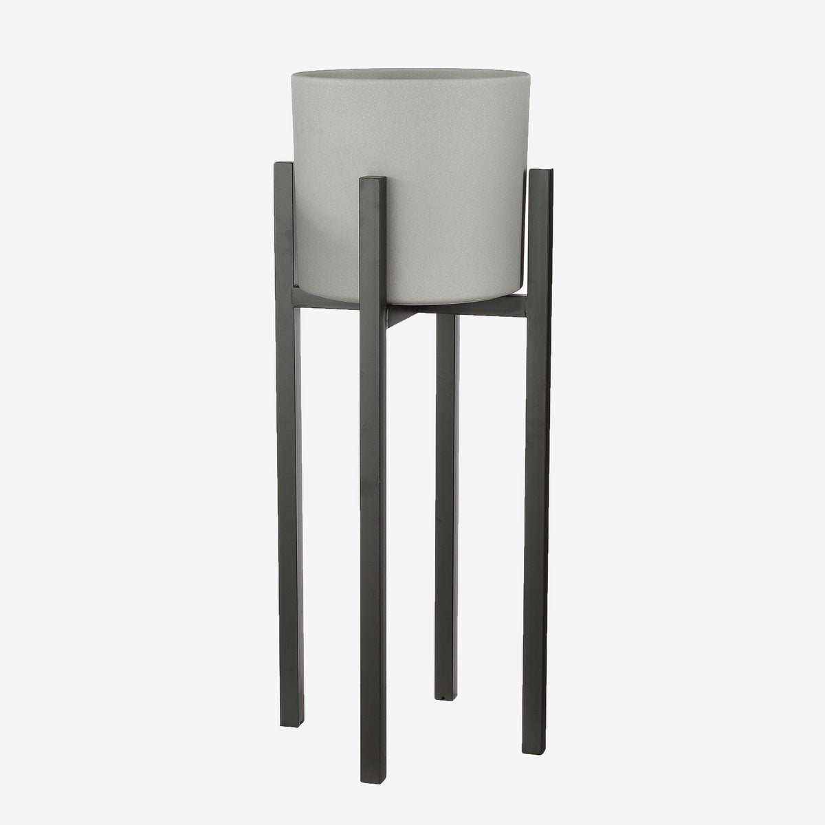 Plantenstandaard zwart metaal hoog 71 cm Ascot op wit achtergrond met grijze bloempot erin