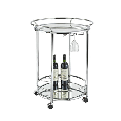 Ronde barcart roestvrij staal met spiegelbladen 57 cm met twee flessen wijn erin