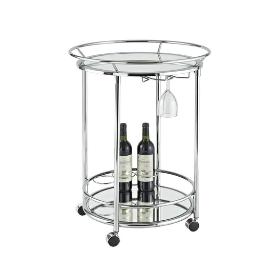 Ronde barcart roestvrij staal met spiegelbladen 57 cm met twee flessen wijn erin