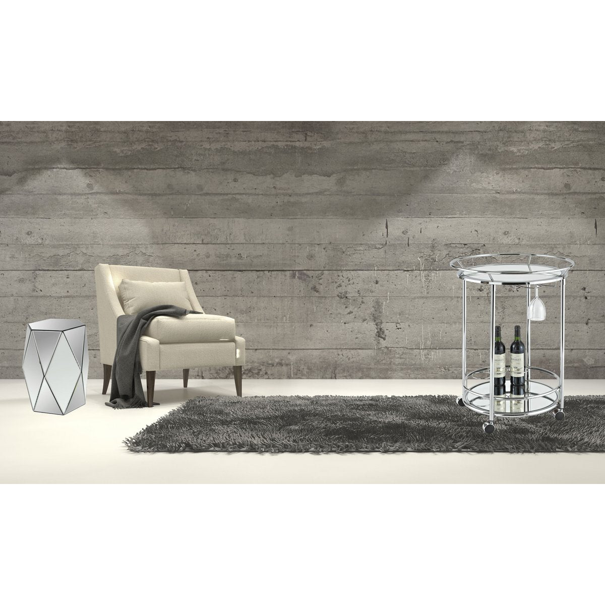 Ronde barcart roestvrij staal met spiegelbladen 57 cm in een luxe antiek interieur met houten muren en beige meubilair