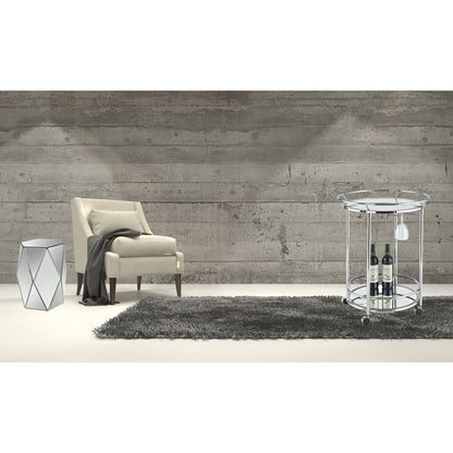 Ronde barcart roestvrij staal met spiegelbladen 57 cm in een luxe antiek interieur met houten muren en beige meubilair
