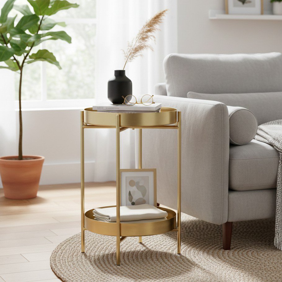 Ronde bijzettafel goud metaal met opbergruimte 32 cm in een zacht interieur met decoratie zoals een pot met plant, handdoeken en schilderijen erop