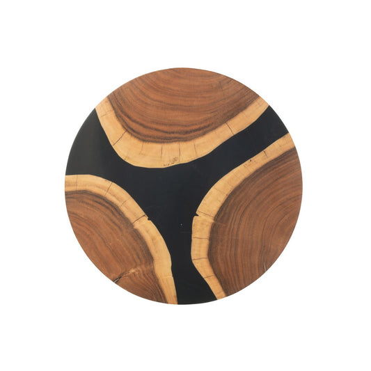 Ronde borrelplank van hout met zwarte epoxyhars, bovenaanzicht, diameter 41 cm