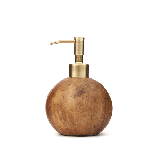 Ronde kokosnoot zeepdispenser met gouden pomp vooraanzicht