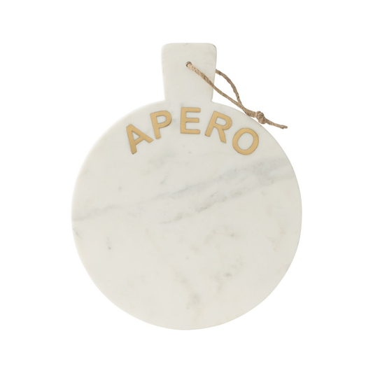 Ronde marmeren borrelplank met gouden APERO-opschrift en touwlintje, wit, diameter 30 cm