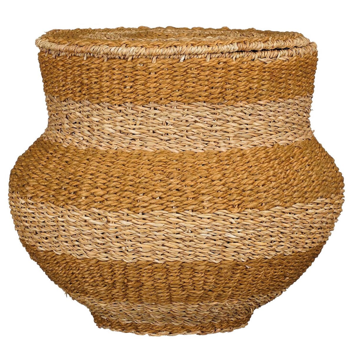 Ronde opbergmand met deksel van zeegras in natuurlijke kleur en brede vorm