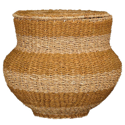 Ronde opbergmand met deksel van zeegras in natuurlijke kleur en brede vorm