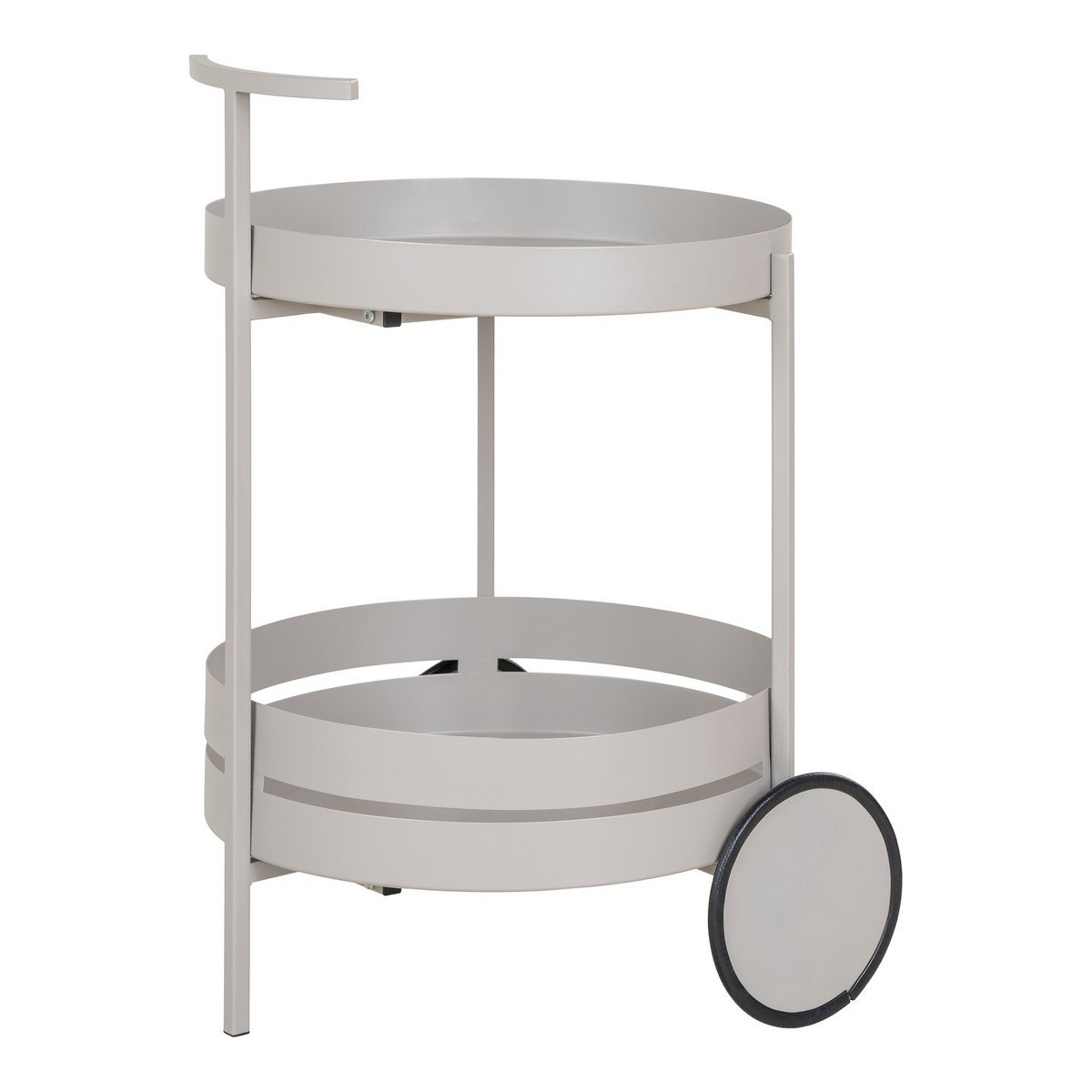 Ronde serveerwagen op wielen in grijs van staal 2 lagen 61 cm op wit achtergrond