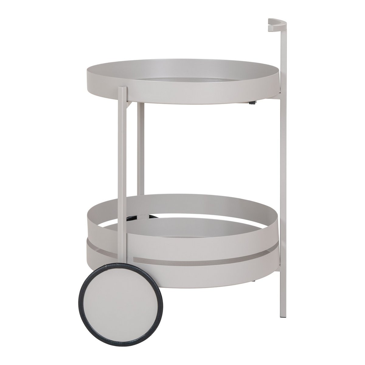 Ronde serveerwagen op wielen in grijs van staal 2 lagen 61 cm op wit achtergrond van de zijkant