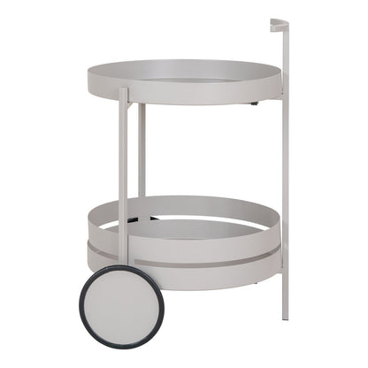 Ronde serveerwagen op wielen in grijs van staal 2 lagen 61 cm op wit achtergrond van de zijkant