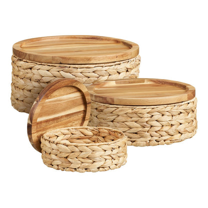 Set van drie mandjes van waterhyacint met houten deksel in natuurlijke kleur