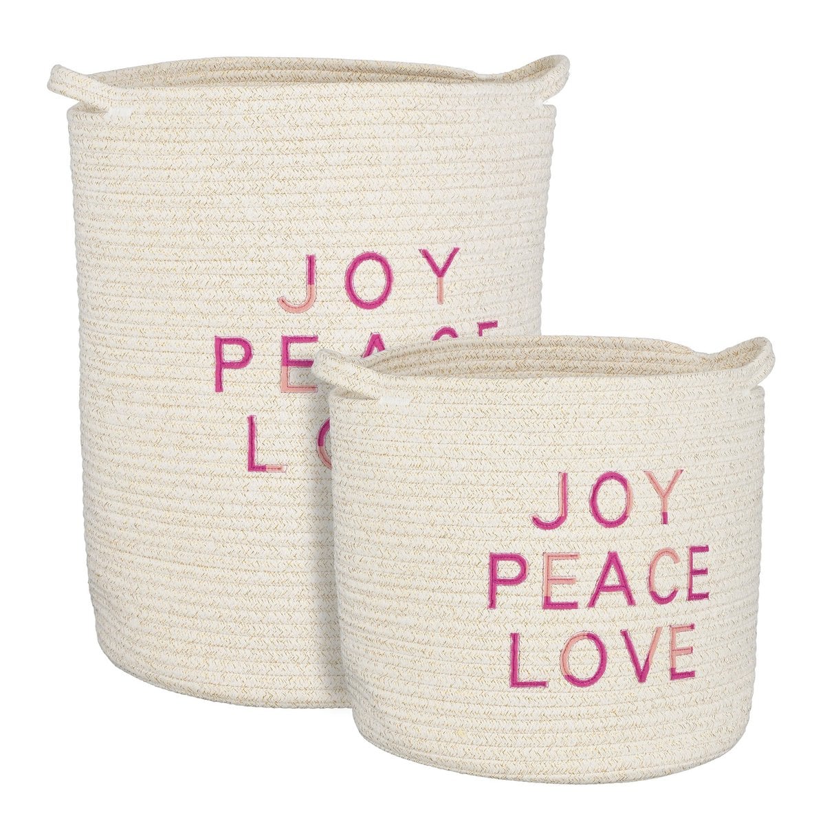 Set van twee witte opbergmanden van katoen met handvatten en roze tekstprint JOY PEACE LOVE
