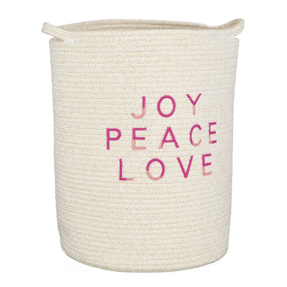 Ronde witte katoenen opbergmand met handvatten en roze tekst JOY PEACE LOVE