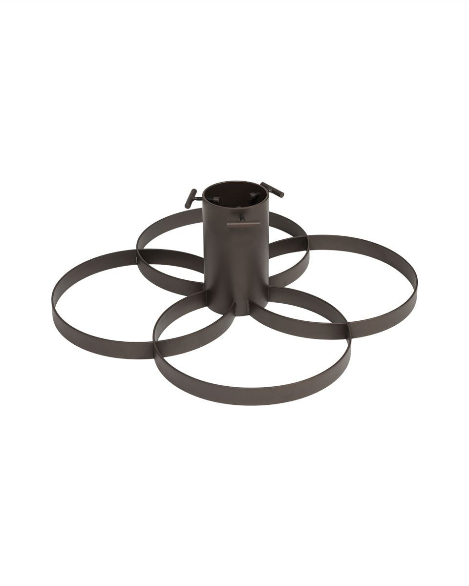 Zwarte metalen kerstboomstandaard met rond design – stevige standaard voor natuurlijke kerstbomen.
