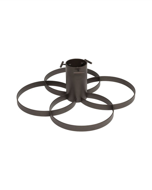 Zwarte metalen kerstboomstandaard met rond design – stevige standaard voor natuurlijke kerstbomen.
