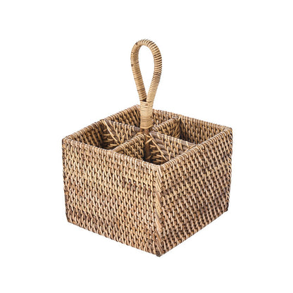 Rotan bestekhouder met twee vakken en lushandvat, naturel bruin, 18x18x29 cm