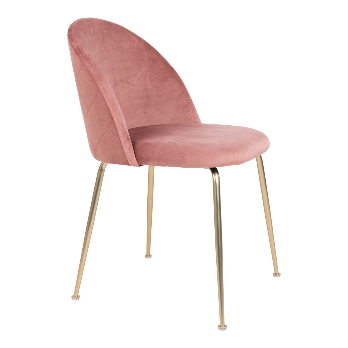 Roze fluwelen eetkamerstoel met goudkleurige metalen poten en een afgeronde rugleuning. Een elegante en comfortabele stoel die luxe en warmte brengt in een modern of chic interieur.