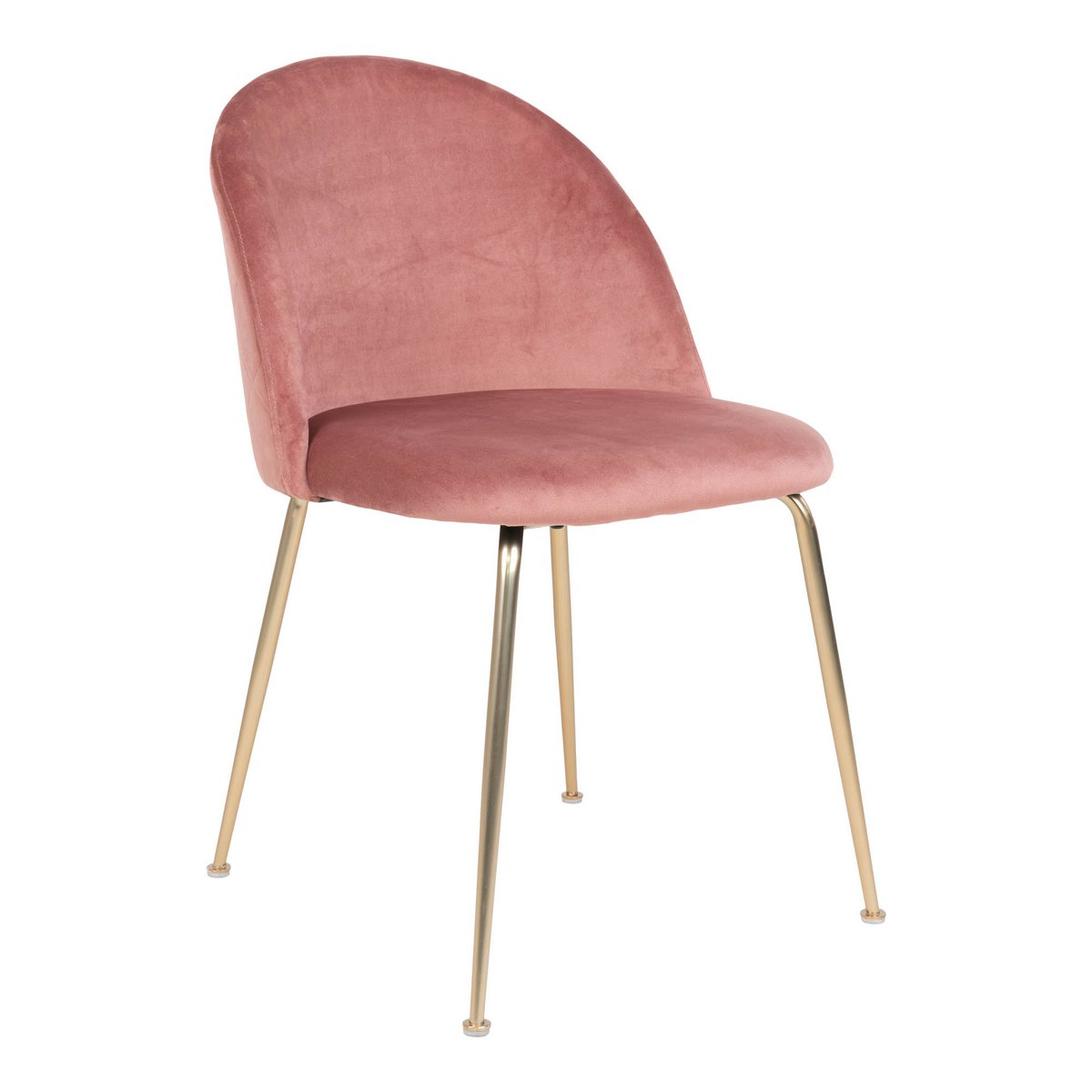 Roze fluwelen eetkamerstoel met goudkleurige metalen poten en een afgeronde rugleuning. Een elegante en comfortabele stoel die luxe en warmte brengt in een modern of chic interieur.