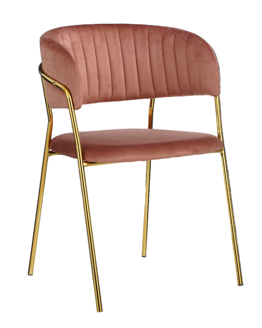 Een stijlvolle mix van luxe en elegantie: deze eetkamerstoel met roze fluwelen bekleding en goudkleurig frame brengt warmte en glamour aan je eethoek.

