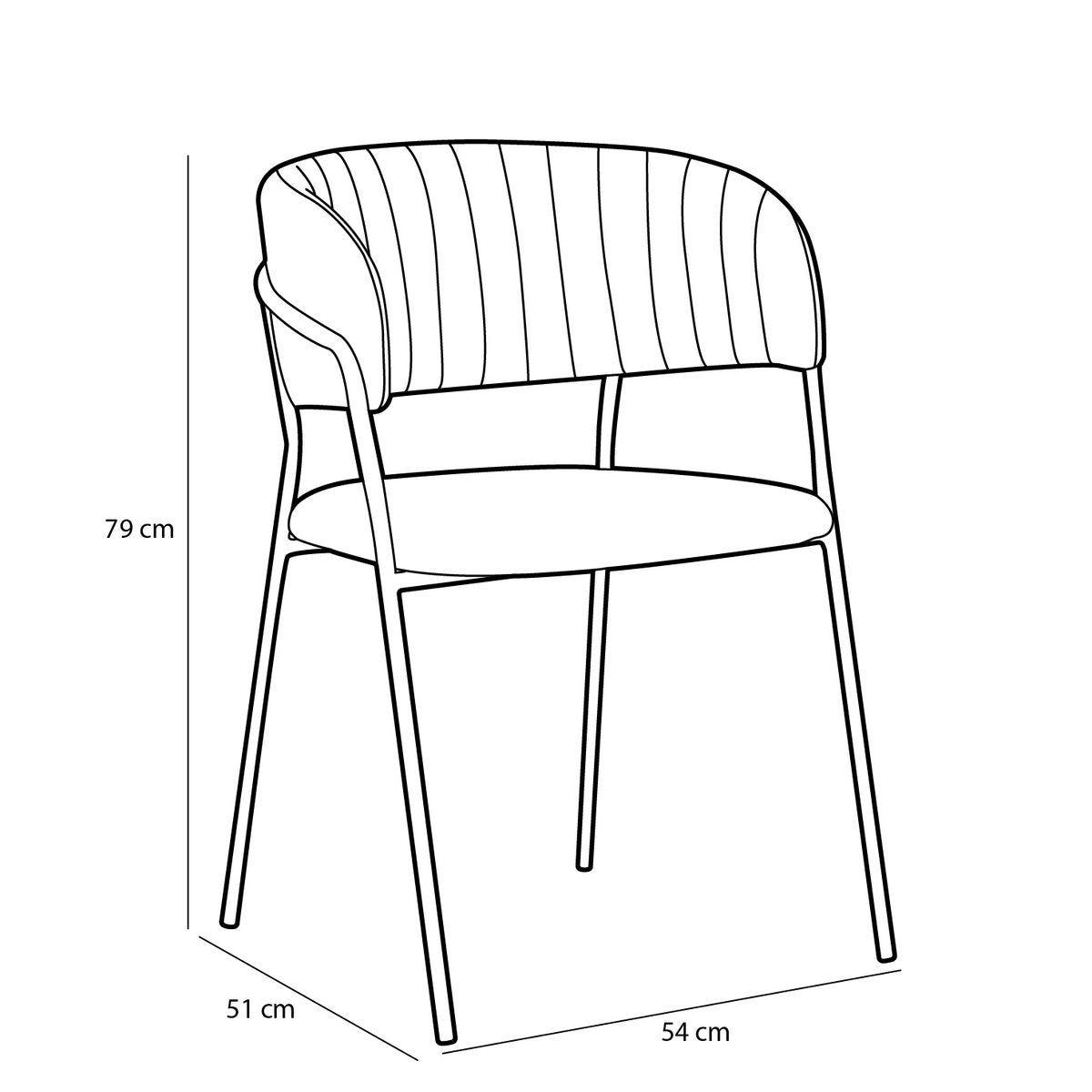 Afmetingen: hoogte 79 cm, breedte 54 cm, diepte 51 cm. Compact, comfortabel en perfect voor iedere moderne eettafel.
