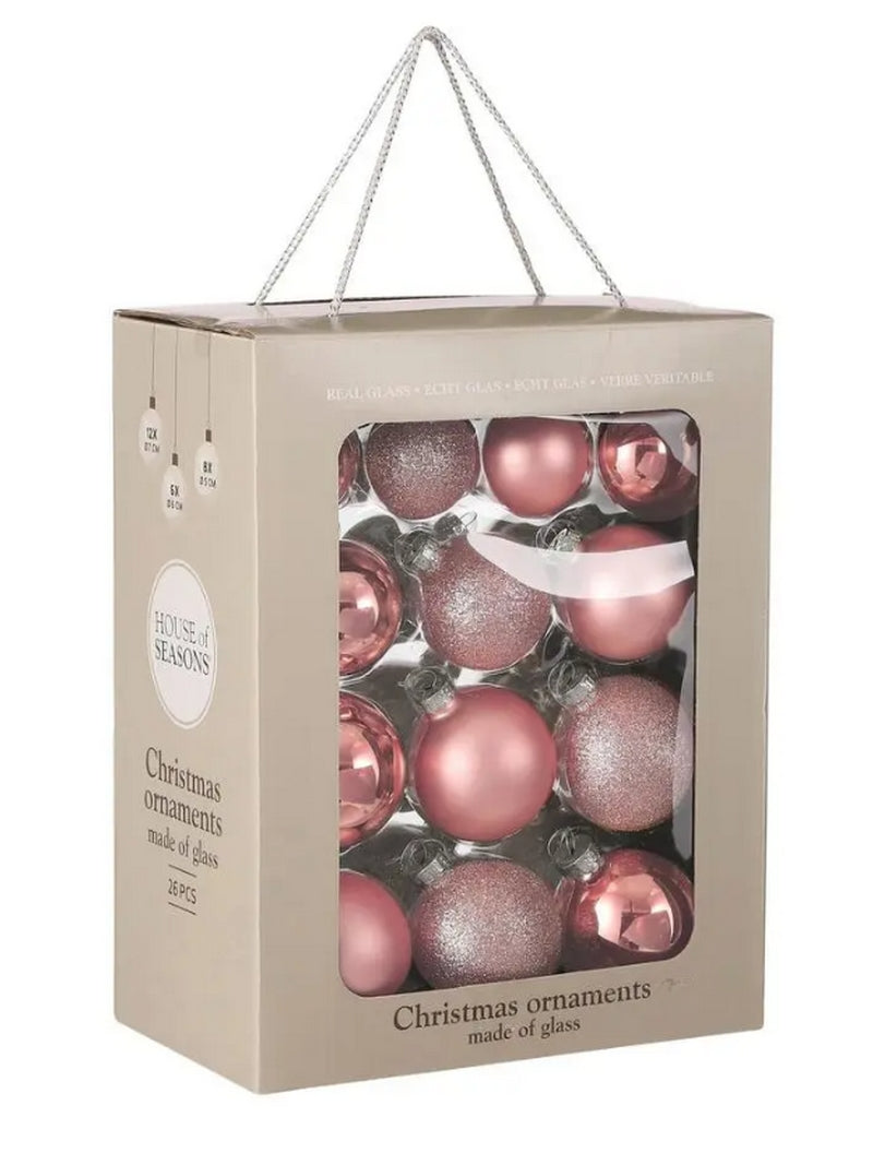 Set van 26 roze glazen kerstballen in matte, glimmende en glittervarianten. Een chique basis voor een sfeervolle kerstboom. Verpakt in een stjilvolle doos.