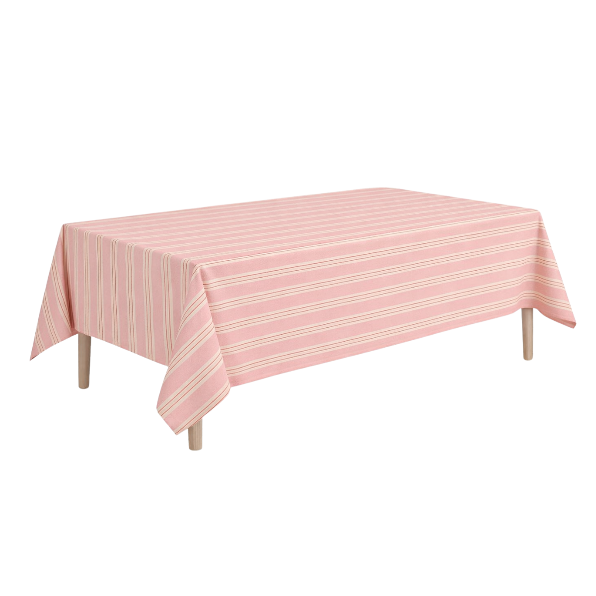 Roze katoenen tafelkleed gestreept 250x140 cm op een tafel op wit achtergrond