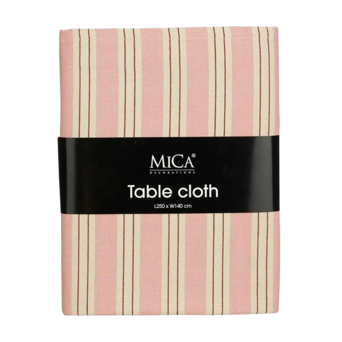 Roze katoenen tafelkleed gestreept 250x140 cm opgevouwen in de hoes