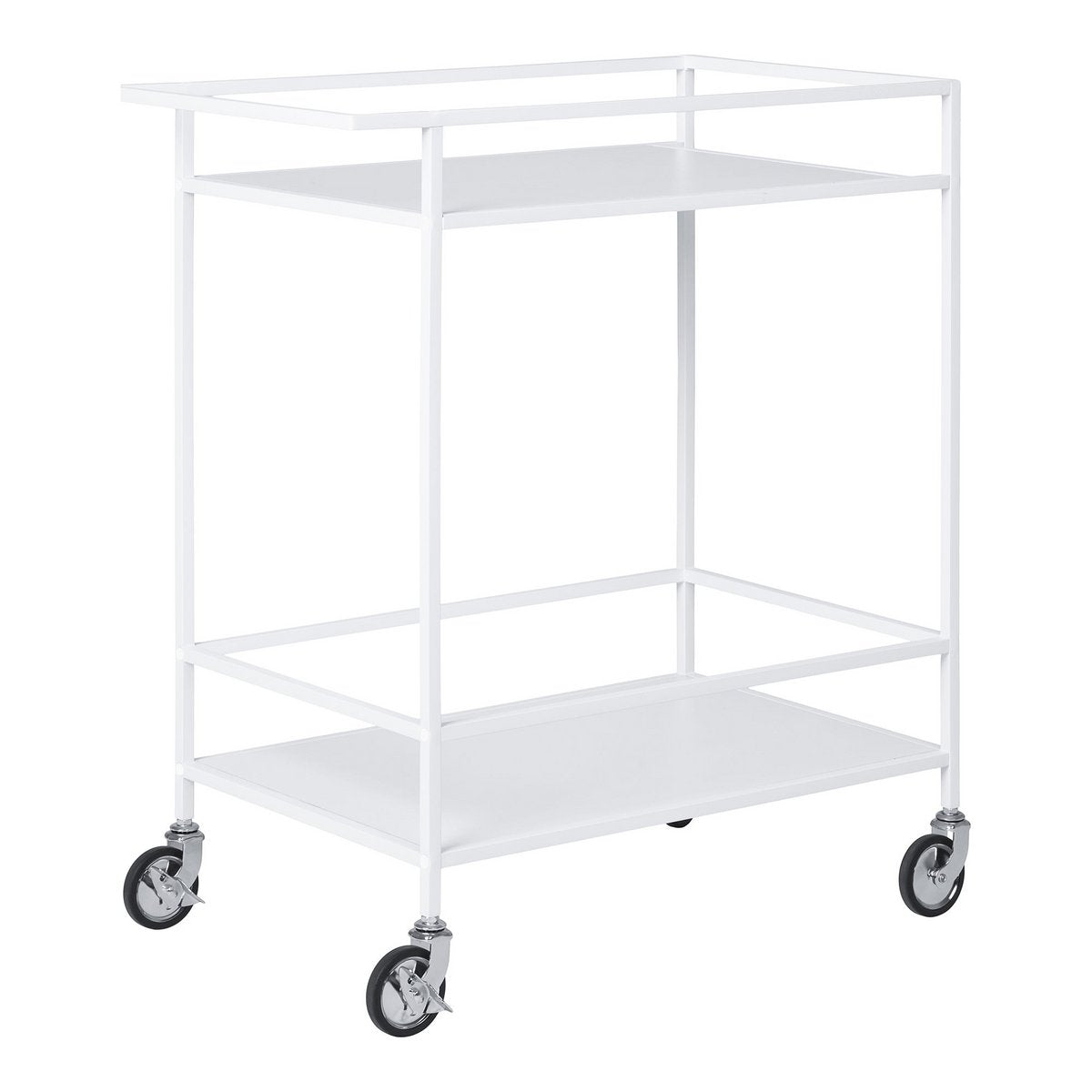 Serveerwagen op wielen wit staal 2 lagen 79 cm op wit achtergrond schuin vanaf de voorzijde
