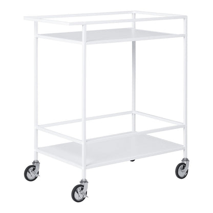 Serveerwagen op wielen wit staal 2 lagen 79 cm op wit achtergrond schuin vanaf de voorzijde