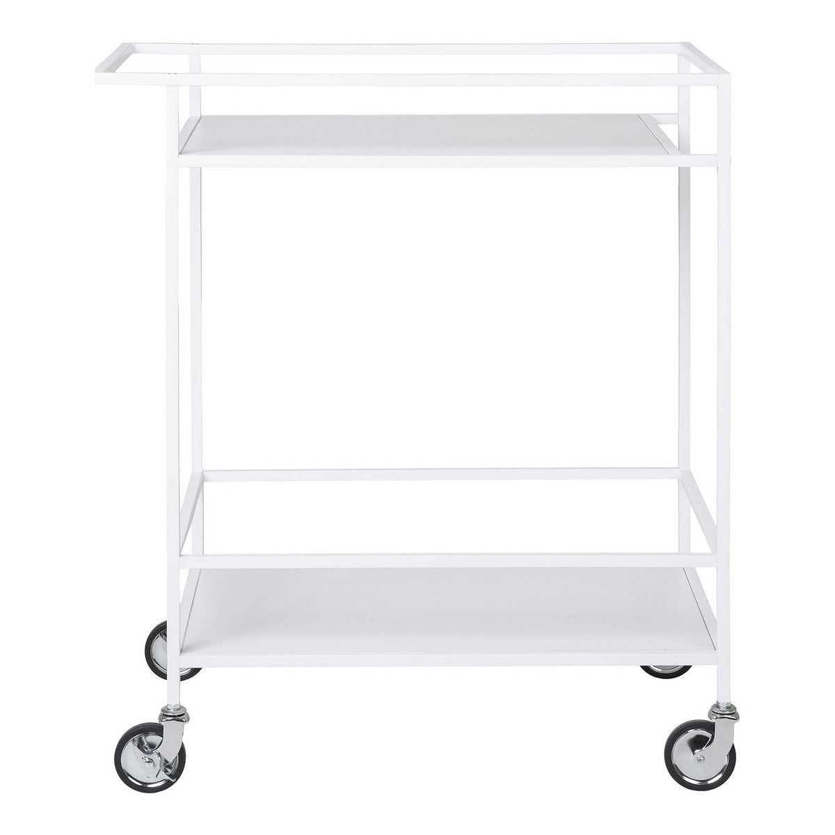 Serveerwagen op wielen wit staal 2 lagen 79 cm op wit achtergrond vanaf de zijkant