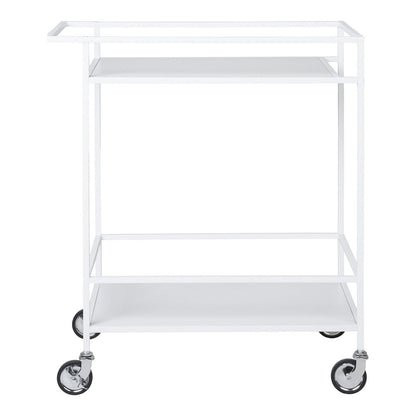 Serveerwagen op wielen wit staal 2 lagen 79 cm op wit achtergrond vanaf de zijkant