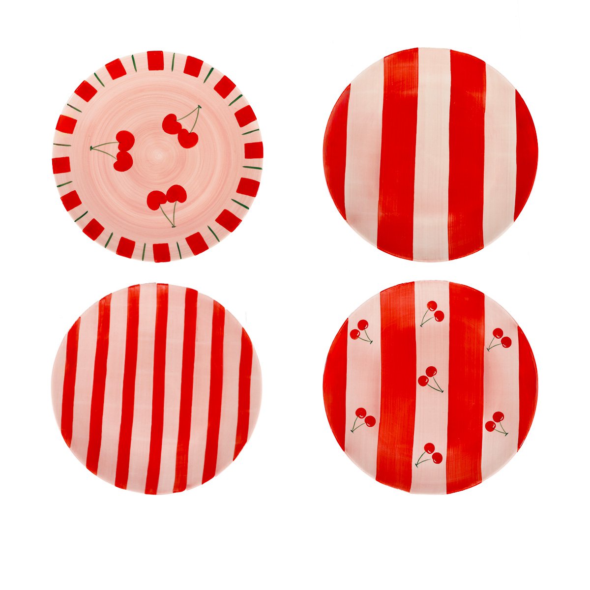 Set van 4 rode dessertbordjes met rood gestreepte patroon en afbeeldingen van kersjes erop
