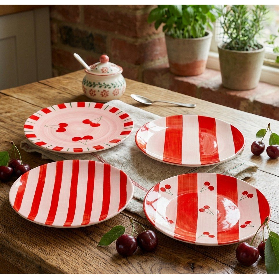 Set van 4 rode dessertbordjes met rood gestreepte patroon en afbeeldingen van kersjes erop op houten eettafel met kersen en servetten erop
