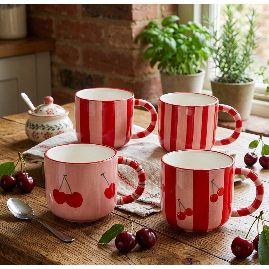 Set van 4 rode mollen met kersen en gestreepte patronen op een houten tafel met kersen en servetten